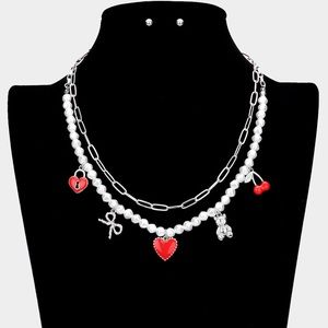 Enamel Heart Lock Cherry Metal Bow Bear Pendant Double Layered Necklace